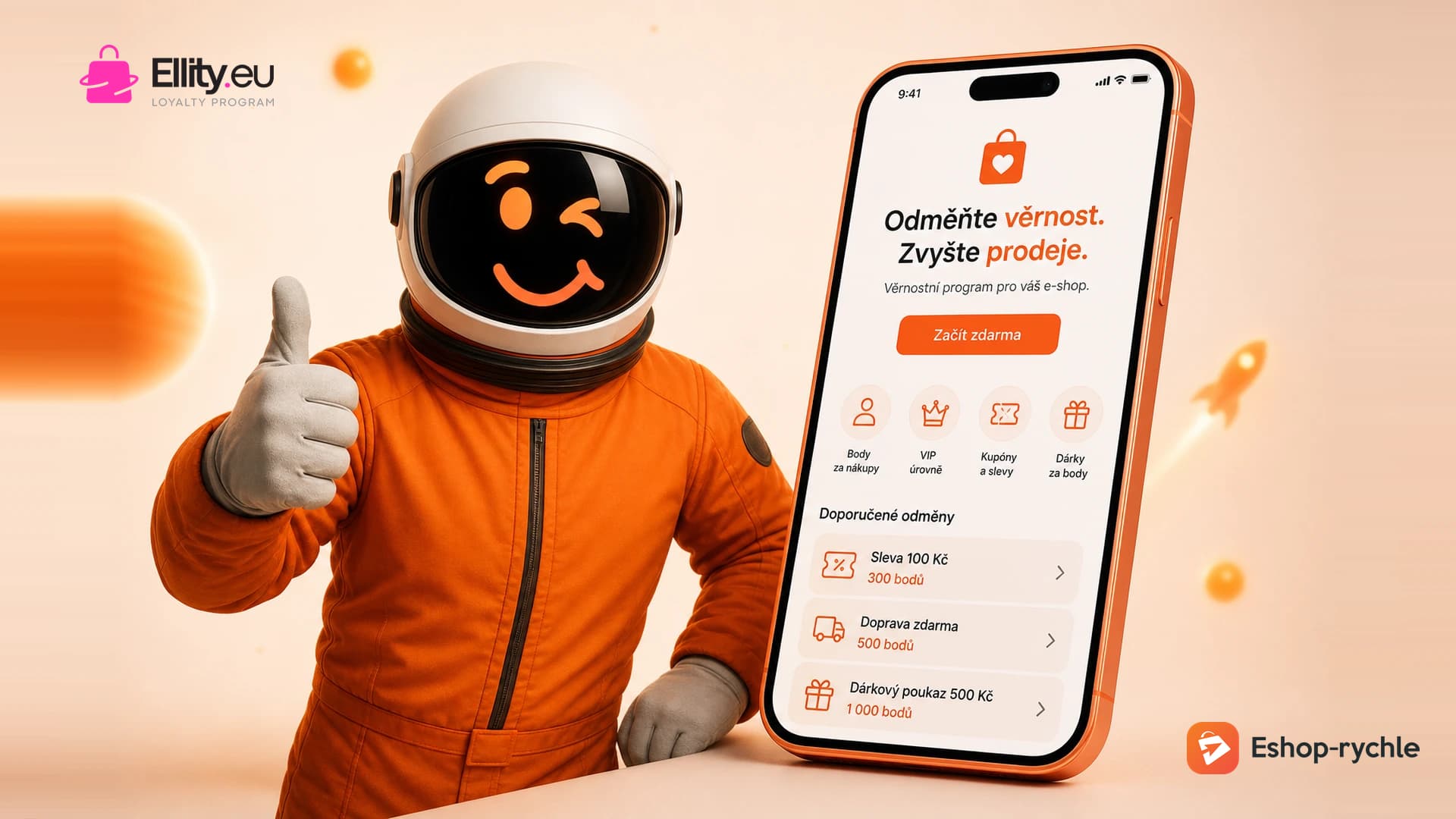 Věrnostní systém Ellity pro Eshop-rychle — kosmonaut Eshop-rychle a logo Ellity.eu Loyalty Program