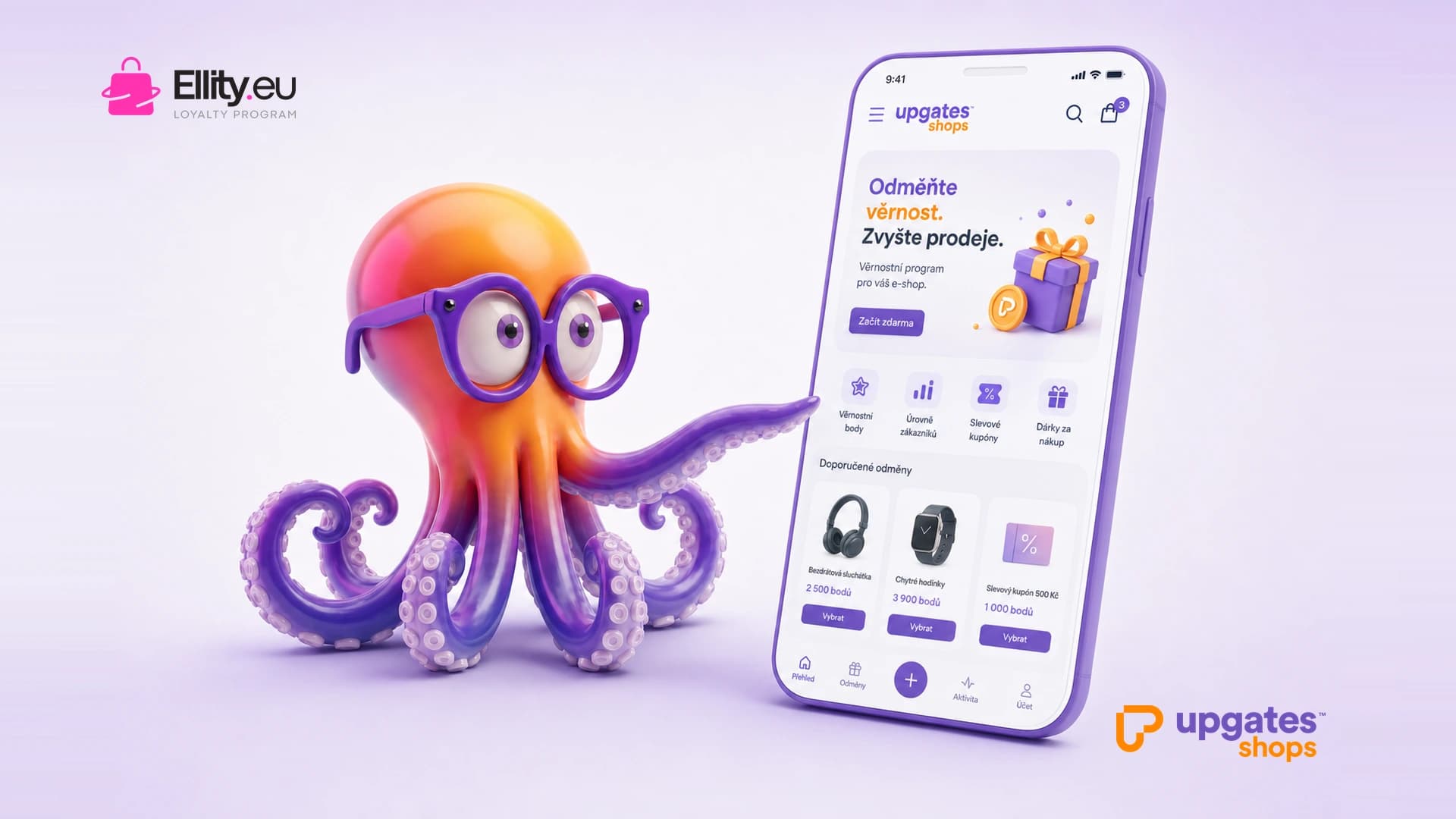 Věrnostní systém Ellity pro Upgates — maskot Upgates a logo Ellity.eu Loyalty Program